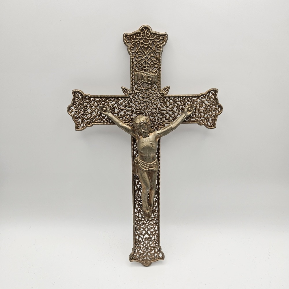 Vintage Gold Tone Filigree Metal Wall Crucifix 9"